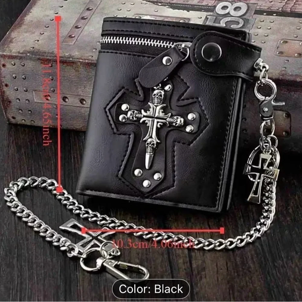 Goth Skull Cross Wallet w/ Chain Black Biker Emo Punk Zip Coin Bill Pocket